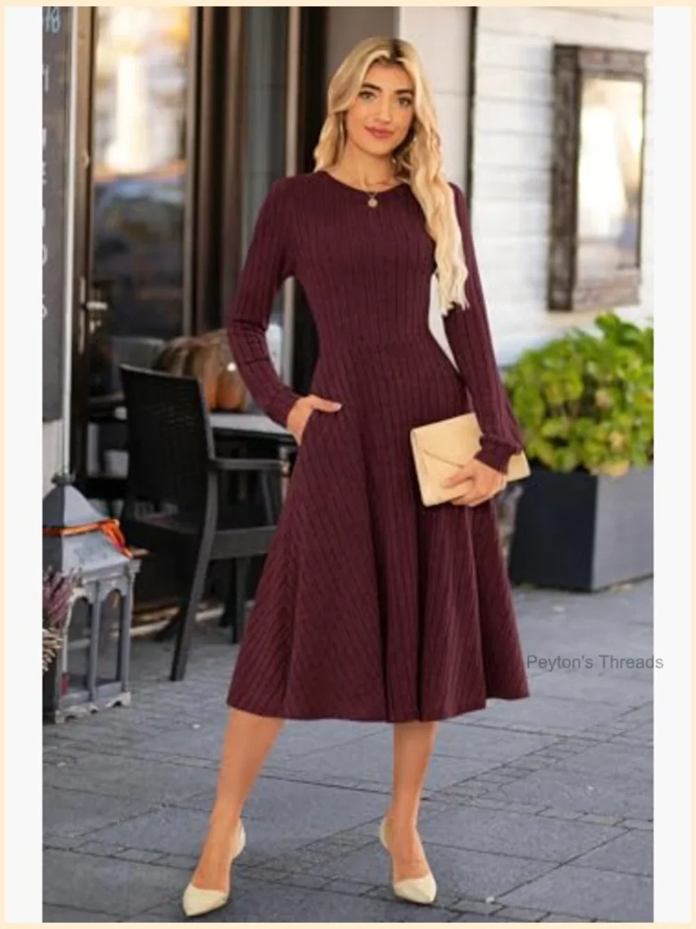 Long Sleeve Ribbed Knit Midi Dress with Pockets - Picture 2 of 7